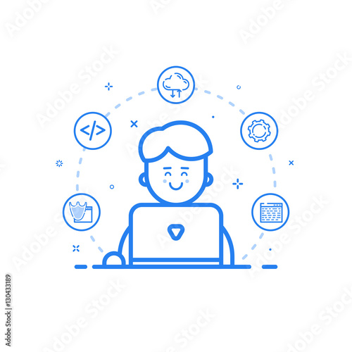 Vector illustration of blue icon in flat line style. Linear cute and happy man with laptop. Graphic design concept of software engineer use in Web Project and Applications Outline isolated object.