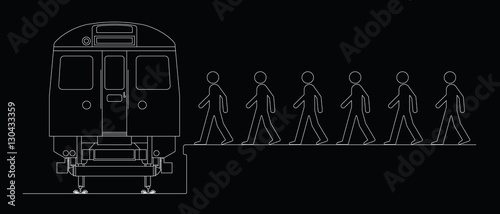 Line drawing of commuters boarding a train 