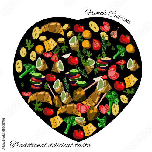 French cuisine top view frame. Food menu design. Vector drawn sketch illustration.