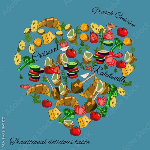 French cuisine top view frame. Food menu design. Vector drawn sketch illustration.