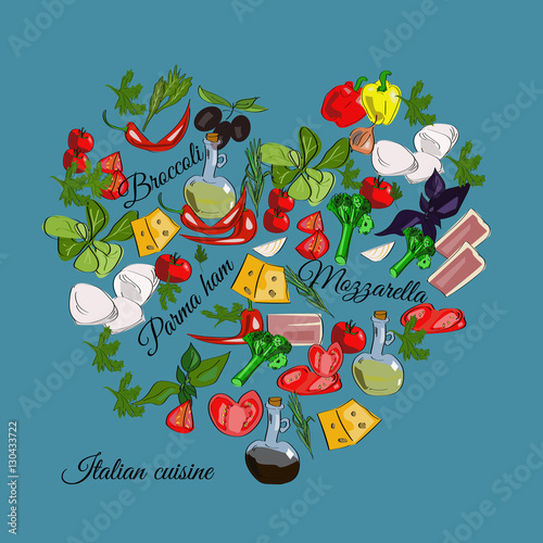 Italian cuisine top view frame. Food menu design. Vector drawn sketch illustration.