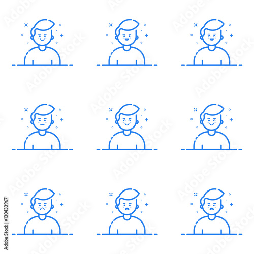 Vector illustration of blue icons in flat line style. Linear cute and happy mans. Graphic design concept of Emoji and Avatar. Use in Web Project and Applications Outline isolated object.