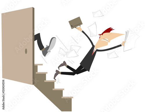 Business punish concept illustration. Man is given a kick to the ass and falls down the stairs
