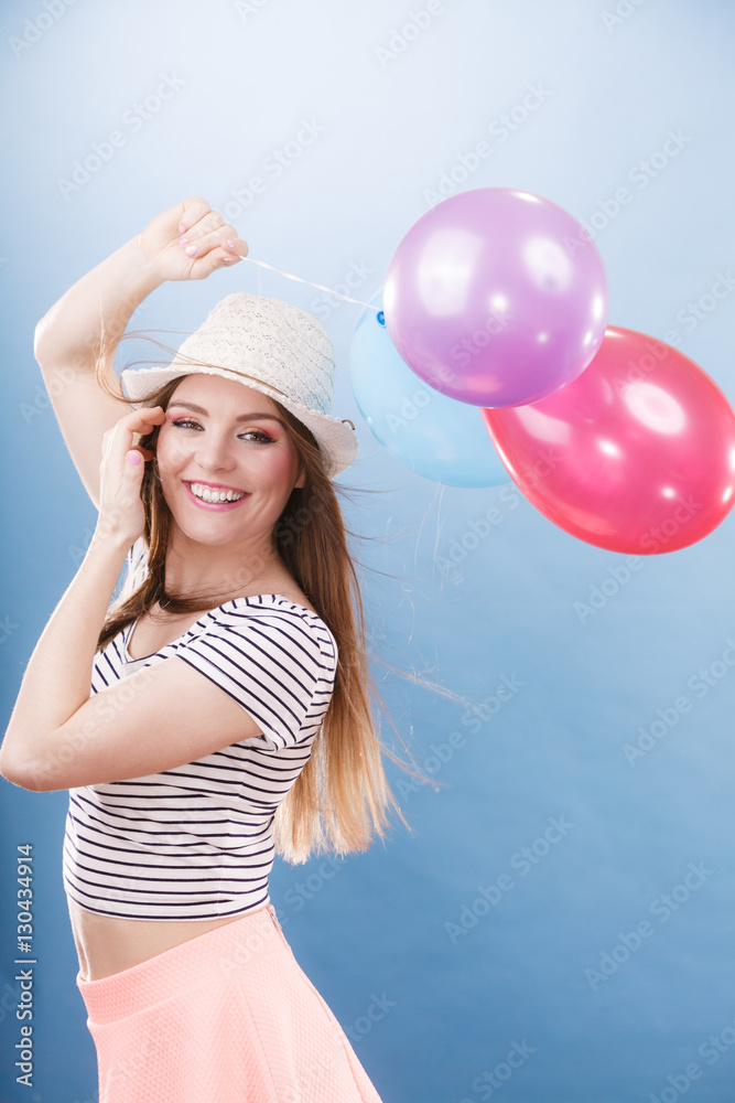 Woman summer joyful girl with colorful balloons Woman summer joyful girl with colorful balloons