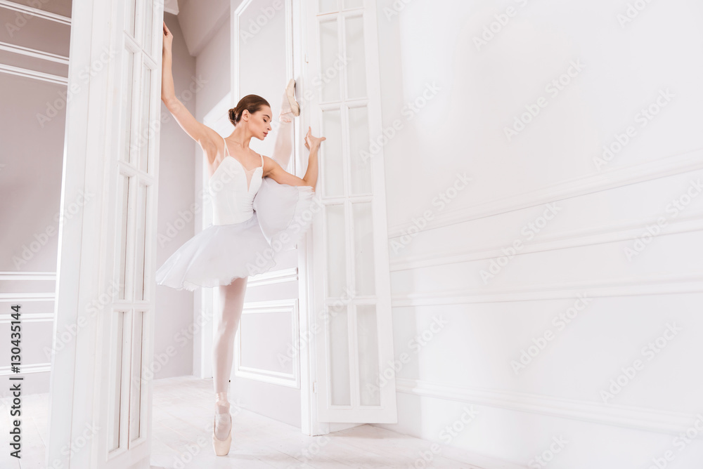 Flexible ballerina posing in dancing class