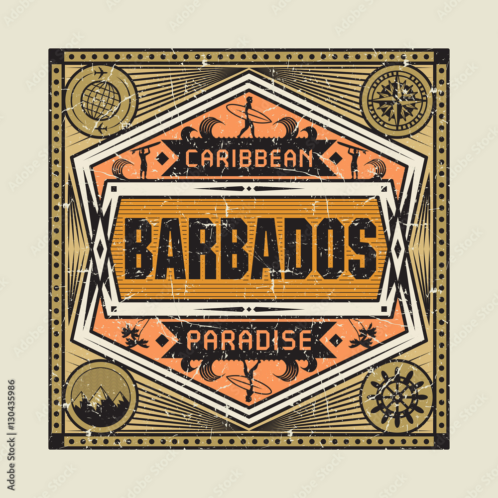 Stamp or vintage emblem with text Barbados, Caribbean Paradise