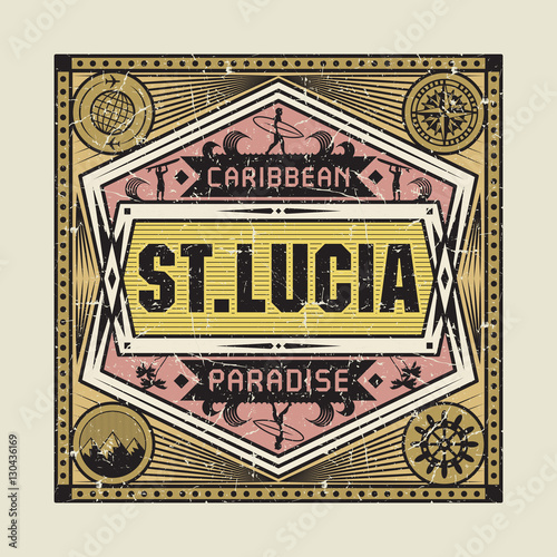Stamp or vintage emblem with text St. Lucia, Caribbean Paradise