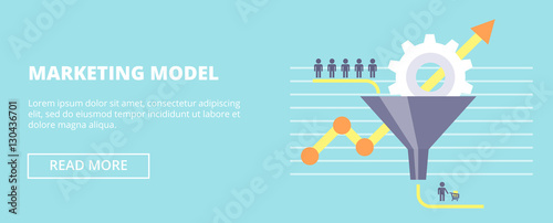 Marketing Model horizontal banner with sales funnel and flow of customers. Flat vector illustration for your design.