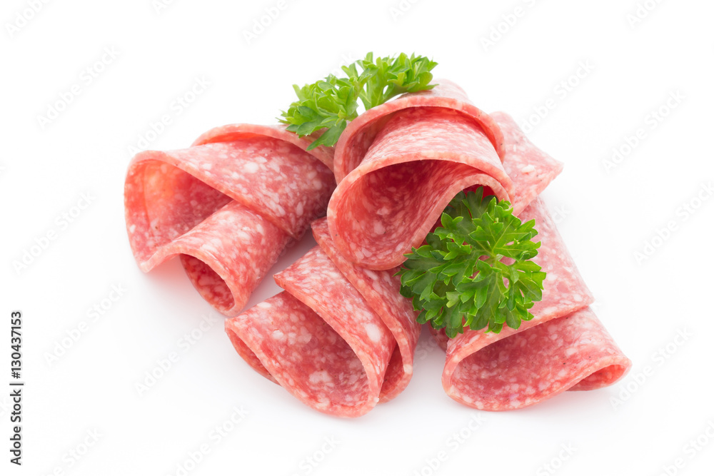 Salami sausage slices isolated on white background. Salami sausage slices isolated on white background.