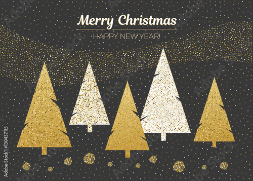 Vector merry Christmas and happy New Year design. Horizontal card with Christmas trees on black background. Gold gradirnt.