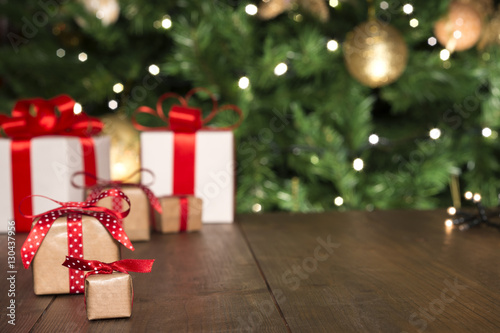 Christmas gifts on wood, Christmas light