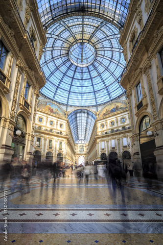 The shopping arcades and the glass dome of the historical Galleria Vittorio Emanuele II, Milan, Lombardy