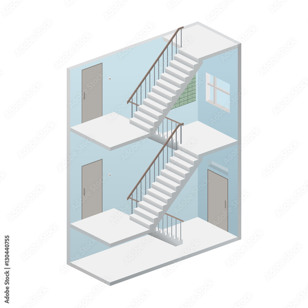 Isometric staircase. Entrance in home. Interior with ladder and