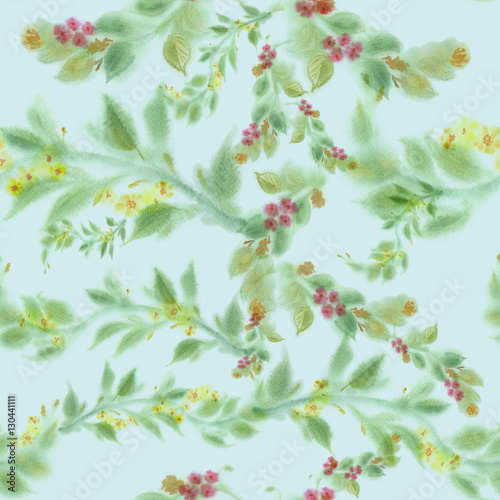 Seamless background. Branches of leaves and flowers - watercolor