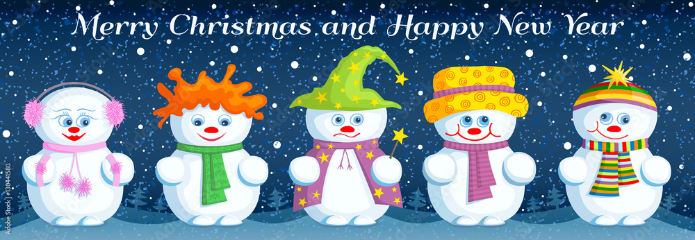Banner with different snowmen. Template for the Christmas and new year design. Vector greeting card.