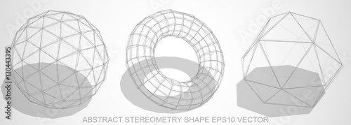 Set of Abstract stereometry shape: sketched Geosphere, Torus, Octahedron. Hand drawn 3D polygonal objects. EPS 10, vector.
