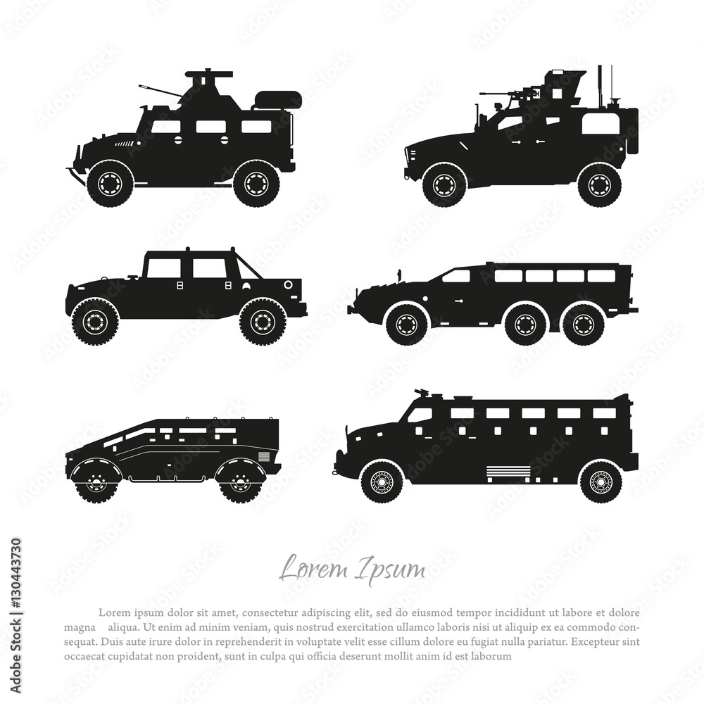Black silhouette of military car on white background. War SUV in side view. Vector illustration