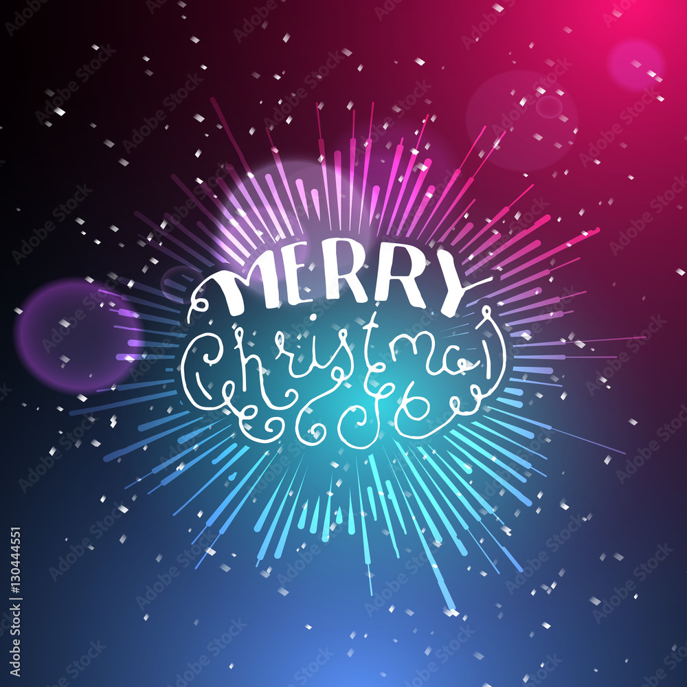 Plakat Show background. Merry Christmas Brush Script Style Hand lettering. Smoky vector stage interior shining with light from a projector