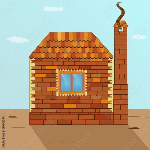 Brick house with colorful tiled roof and a large chimney, agains