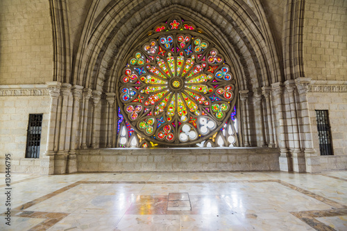 Polychrome stained glass at the interior of  the Church of Basilica del Voto Nacional  in Quito, Ecuador 