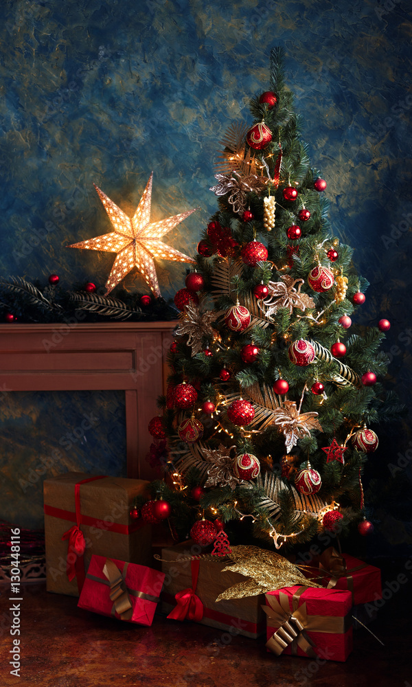 Christmas tree with red and yellow decorations