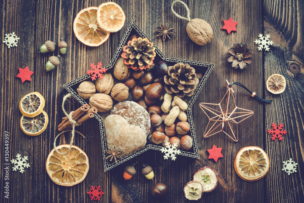 Snacks and decorations for Christmas in a star shaped box Snacks and decorations for Christmas in a star shaped box