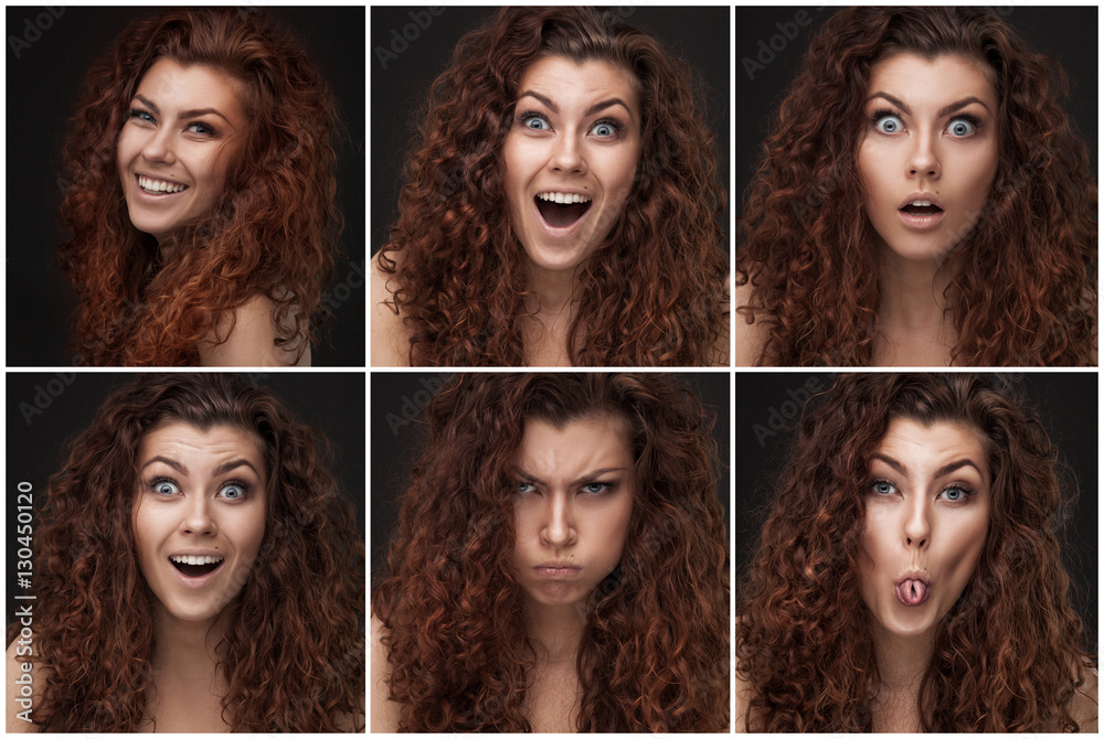 Obraz premium set of photos with woman with healthy brown curly hair