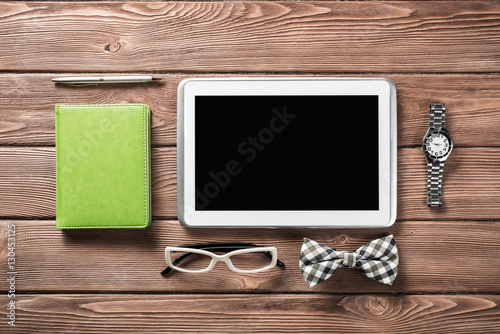 Hipster set on wooden table