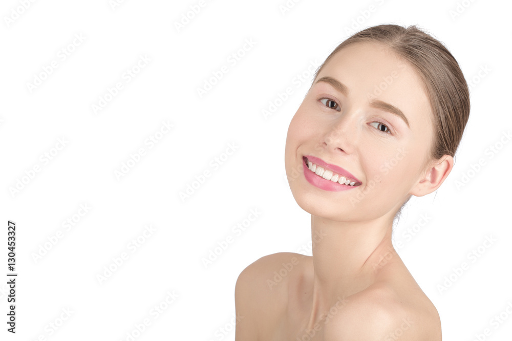 Woman with a natural beauty makeup look - isolated over a white background with copyspace Woman with a natural beauty makeup look - isolated over a white background with copyspace