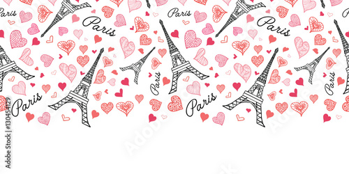Vector Eifel Tower Paris Seamless Repeat Pattern Horizontal Border Bursting With St Valentines Day Pink Red Hearts Of Love. Perfect for travel themed postcards, greeting cards, wedding invitations.