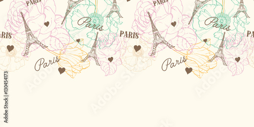 Vector Eifel Tower Paris Seamless Pattern Horizontal Border In Vintage Style With Beautiful, Romantic Pastel Flowers. Perfect for travel themed postcards, greeting cards, wedding invitations. Repeat