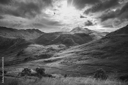 Sun Rays Falling onto Spectacular Welsh Mountains, Black and White