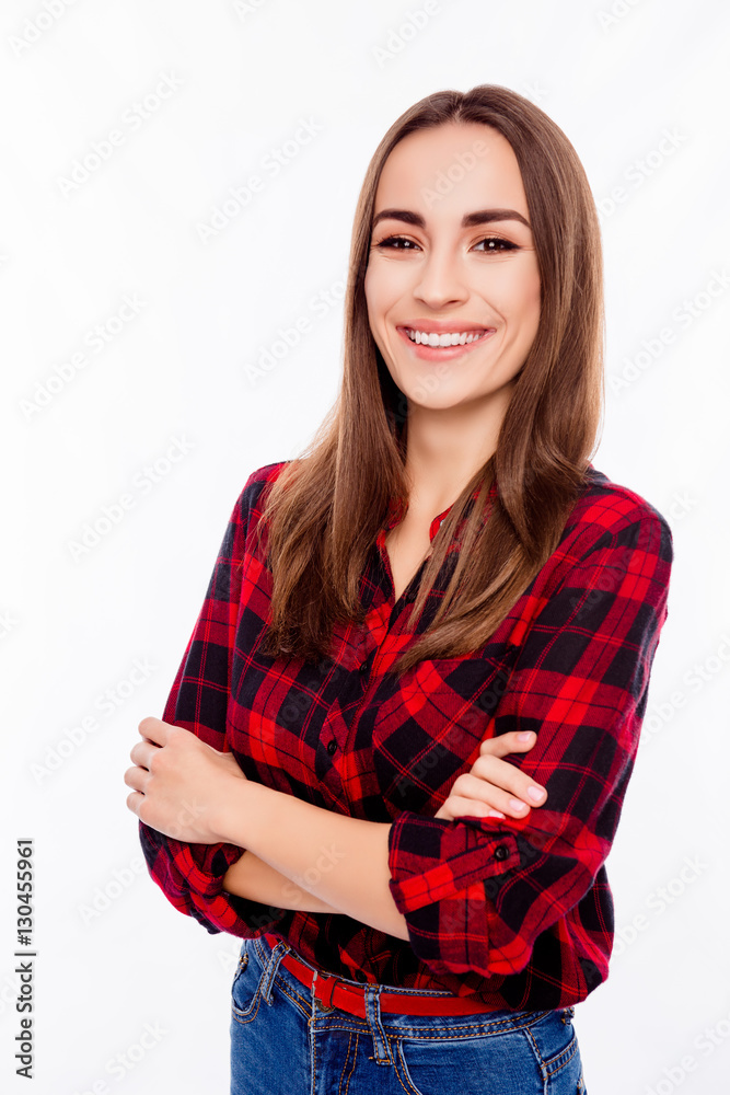 Portrait of attractive toothy woman in red checkered shirt with Portrait of attractive toothy woman in red checkered shirt with