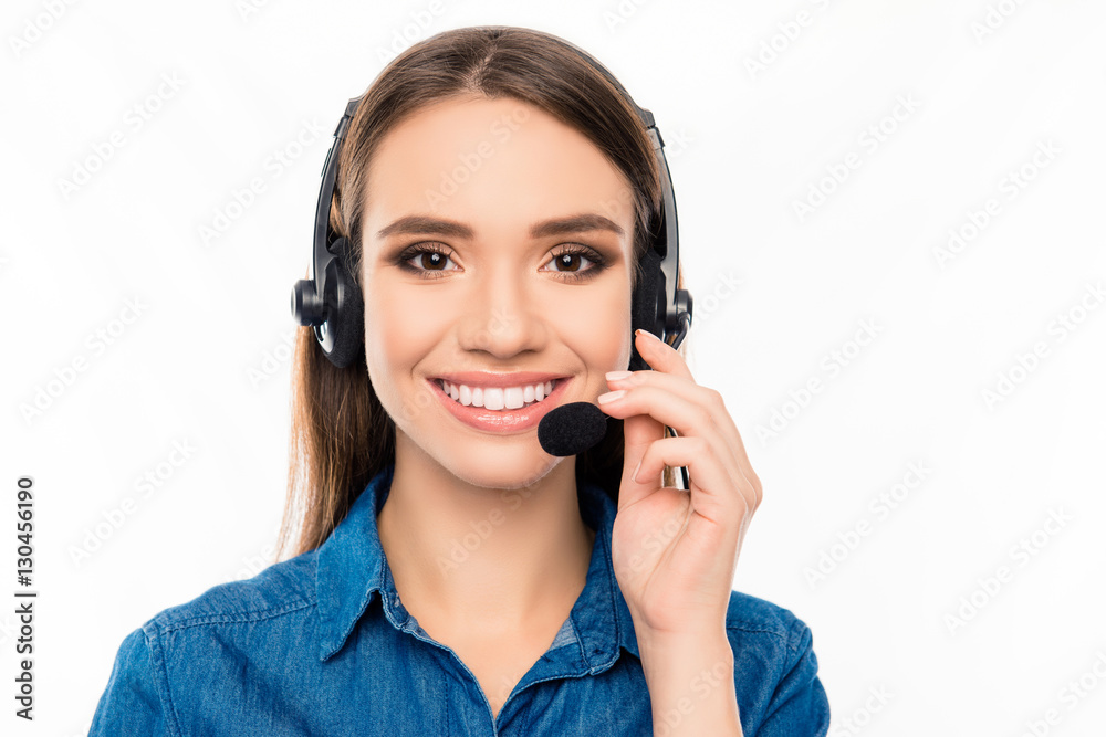 Beautiful consultant of call center in headphones on white backg Beautiful consultant of call center in headphones on white backg