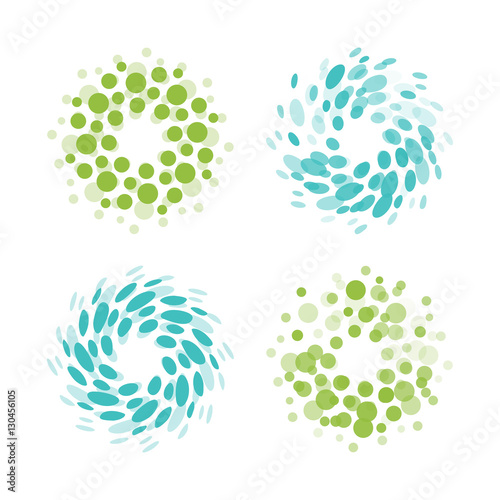 Abstract circle logotype set. Green and blue dotted round isolated chem logo collection. Virus icon. Unusual sun. Flower symbol. Spiral sign.Vector germs illustration.
