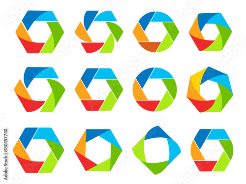 Isolated abstract colorful hexagon and round shape logo collection. Geometric logotypes set on white background. Photo lens elements vector illustration.