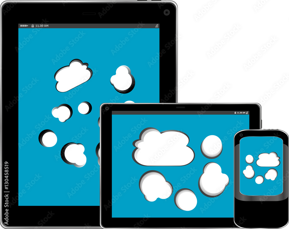 Blank mobile smart phone and digital tablet pc with cloud on the screen Blank mobile smart phone and digital tablet pc with cloud on the screen