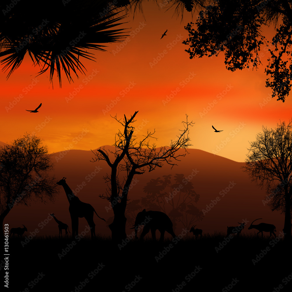 Wild african animals silhouettes