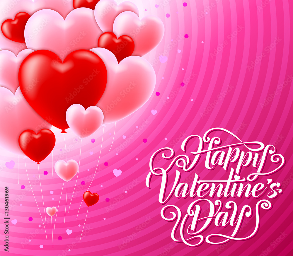 Valentines Day Cute Greeting Card With Red And Pink Heart Balloons Vector Illustration

