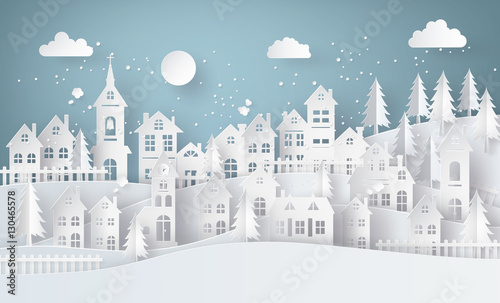 Winter Snow Urban Countryside Landscape City Village with moon