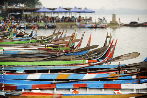 Wallpaper Mural Brightly coloured boats at the U Bein Bridge, Taungthaman Lake, Amarapura near Mandalay Torontodigital.ca