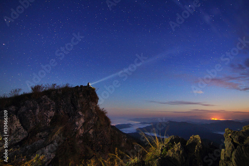 Beautiful scenery of the starry sky at night at Doi Pha Phung at Nan province in Thailand. Long exposure shooting and high iso used make this photo have noise