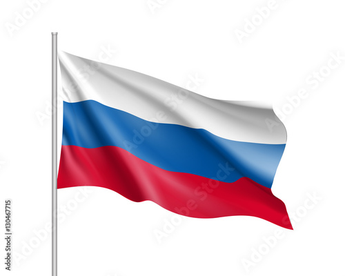Vector template of Russia flag on metallic pole. Waving flag of Russian Federation on flagstaff - country symbol. Isolated illustration on white background. 3d icons with white, blue and red colors.