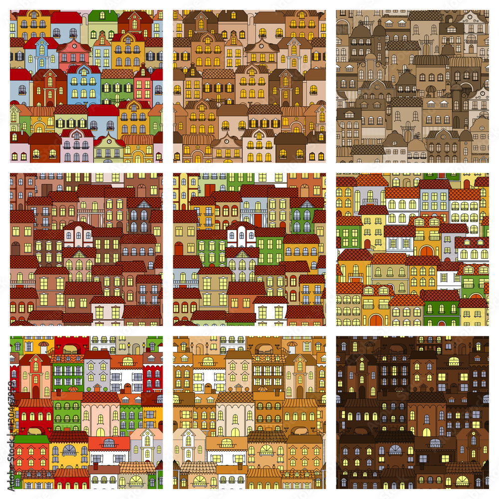 Houses and buildings seamless patterns set