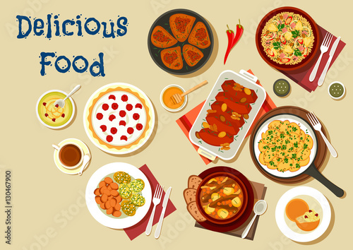 Healthy food dishes icon for dinner menu design