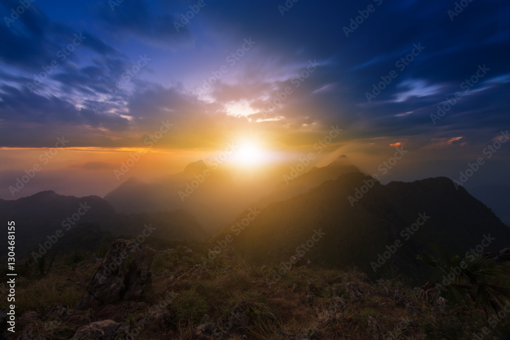 View from the highest mountain peak of Chiang Dao with beautiful cloudy sunset twilight sky, Chiang mai, Thailand