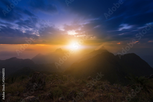 View from the highest mountain peak of Chiang Dao with beautiful cloudy sunset twilight sky, Chiang mai, Thailand © akeeris