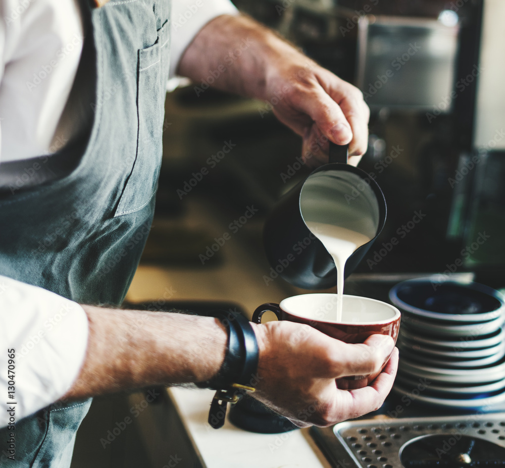 Coffee Latte Barista Apron Cafe Shop Pouring Concept