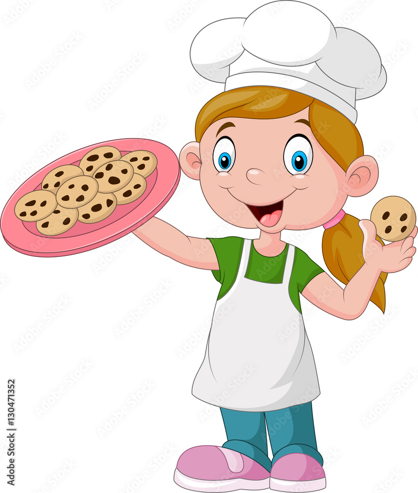 Cartoon little girl holding cake Cartoon little girl holding cake