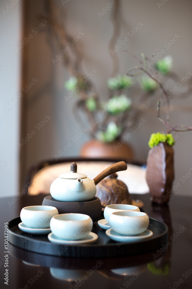 elegant chinese tea set on plate